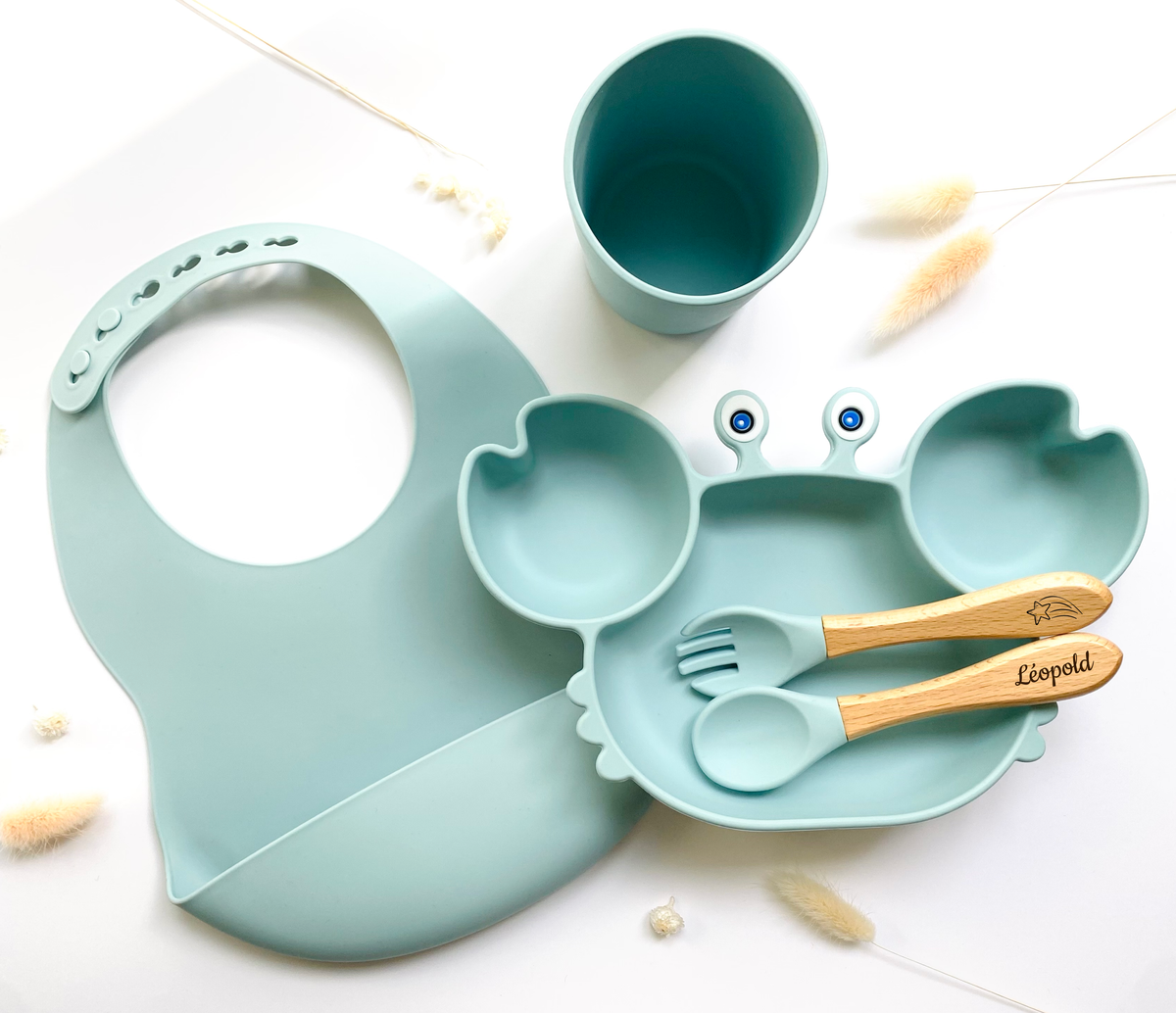 Children's meal pack+bib/glass: Khaki