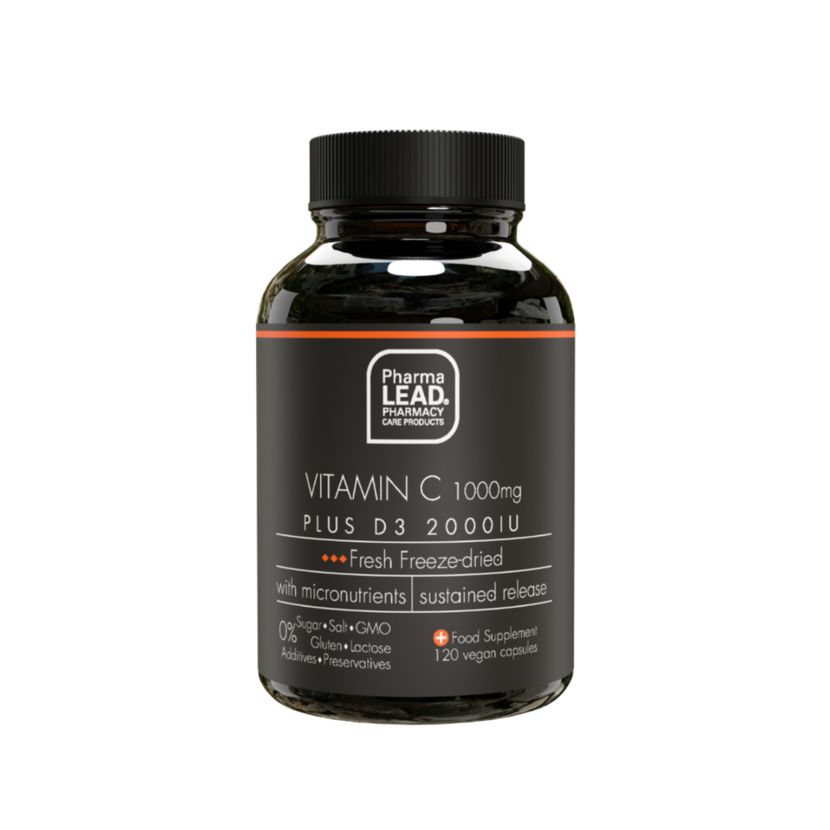 Vitamin C 1000mg Plus D3 2000IU tablets enriched with rose hips and aronia for immune support and antioxidant activity.